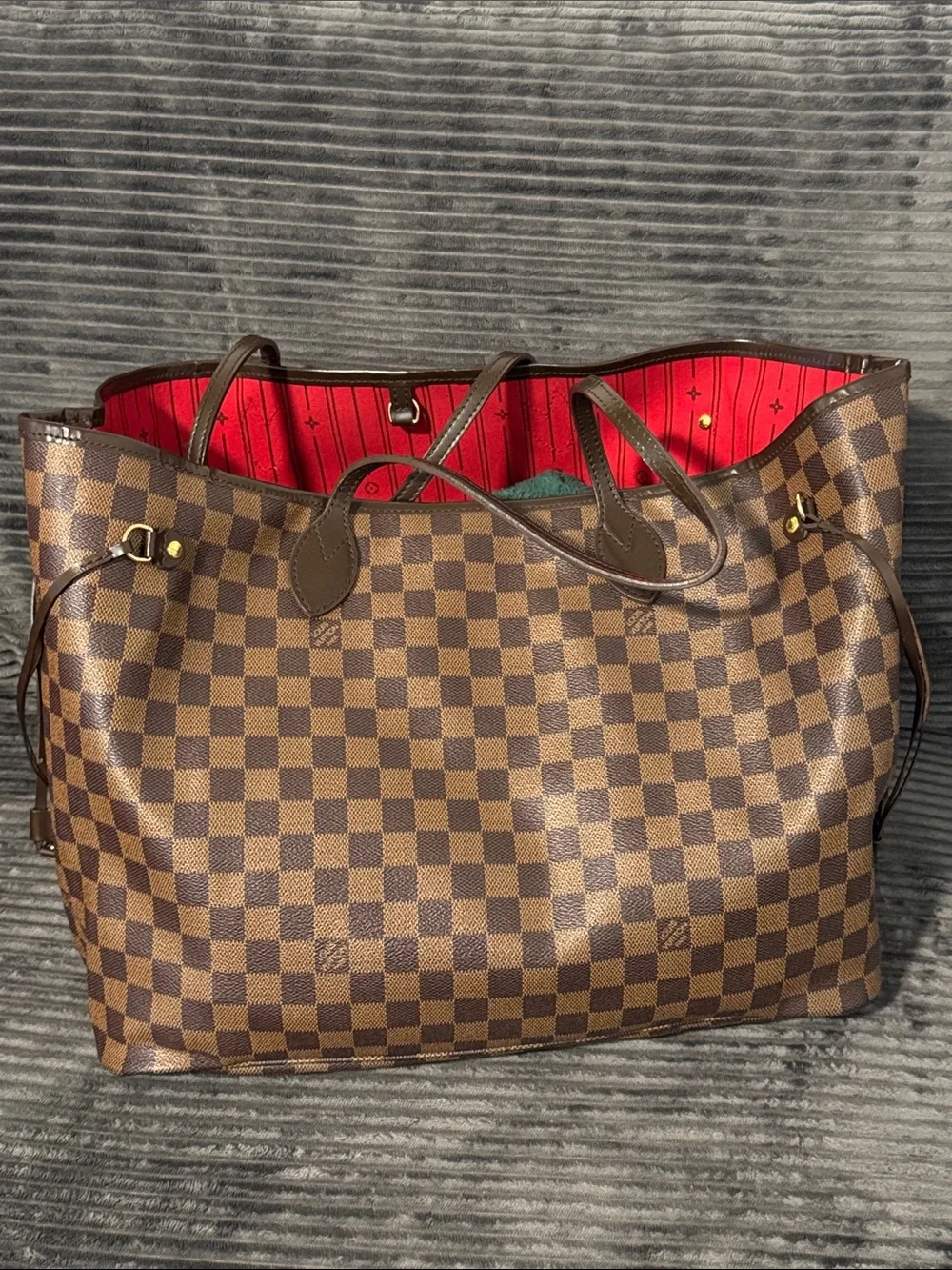 Brown Checkered Tote Bag with Red Interior